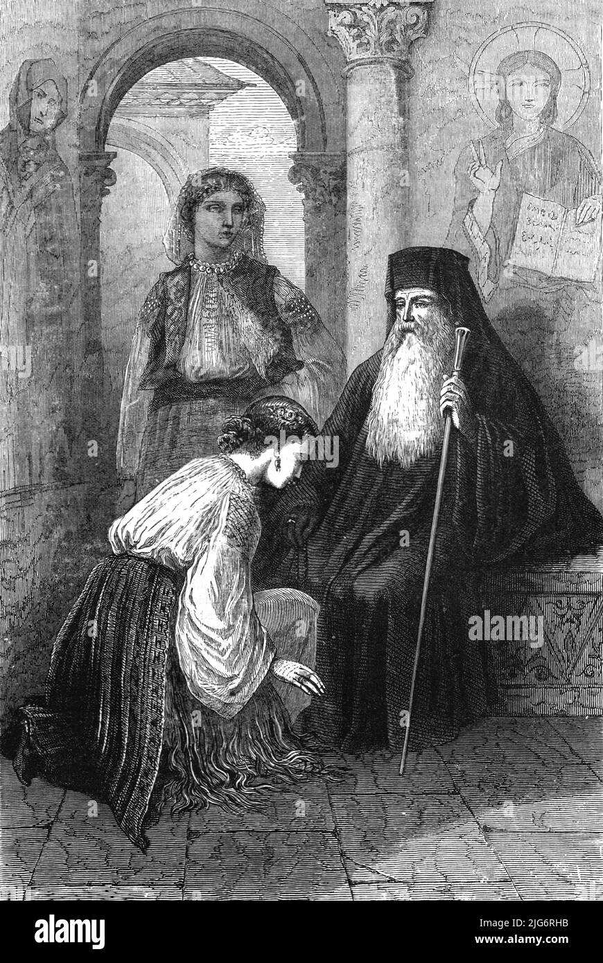 'Worship in Roumania; A Visit to the Danubian Principalities', 1875. [Women with Eastern Orthodox priest, Romania]. From, 'Illustrated Travels' by H.W. Bates. [Cassell, Petter, and Galpin, c1880, London] Stock Photo