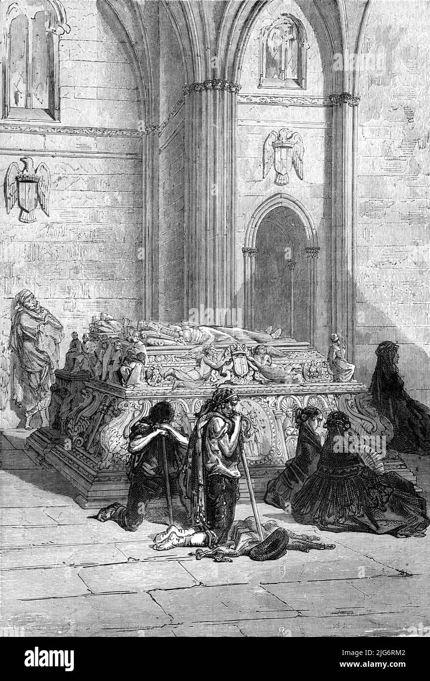 'Tomb of Ferdinand and Isabella in the Cathedral, Granada; An Autumn Tour in Andalusia', 1875. [Pilgrims at the Tomb of the Catholic Monarchs - Ferdinand II and Isabella of Castile - in the Royal Chapel of Granada, Spain]. From, 'Illustrated Travels' by H.W. Bates. [Cassell, Petter, and Galpin, c1880, London] Belle Sauvage Works.London E.C. Stock Photo