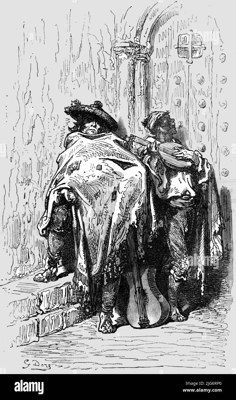 'Beggars at a Church Door in Andalusia; An Autumn Tour in Andalusia', 1875. [Musicians in southern Spain]. From, 'Illustrated Travels' by H.W. Bates. [Cassell, Petter, and Galpin, c1880, London] Belle Sauvage Works.London E.C. Stock Photo