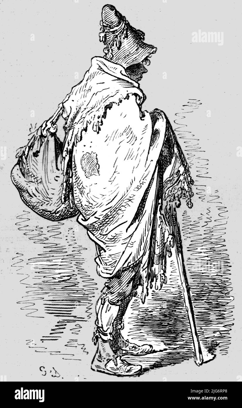 'Inhabitant of Albacete; An Autumn Tour in Andalusia', 1875. [Man in ragged clothes, southern Spain]. From, 'Illustrated Travels' by H.W. Bates. [Cassell, Petter, and Galpin, c1880, London] Belle Sauvage Works.London E.C. Stock Photo