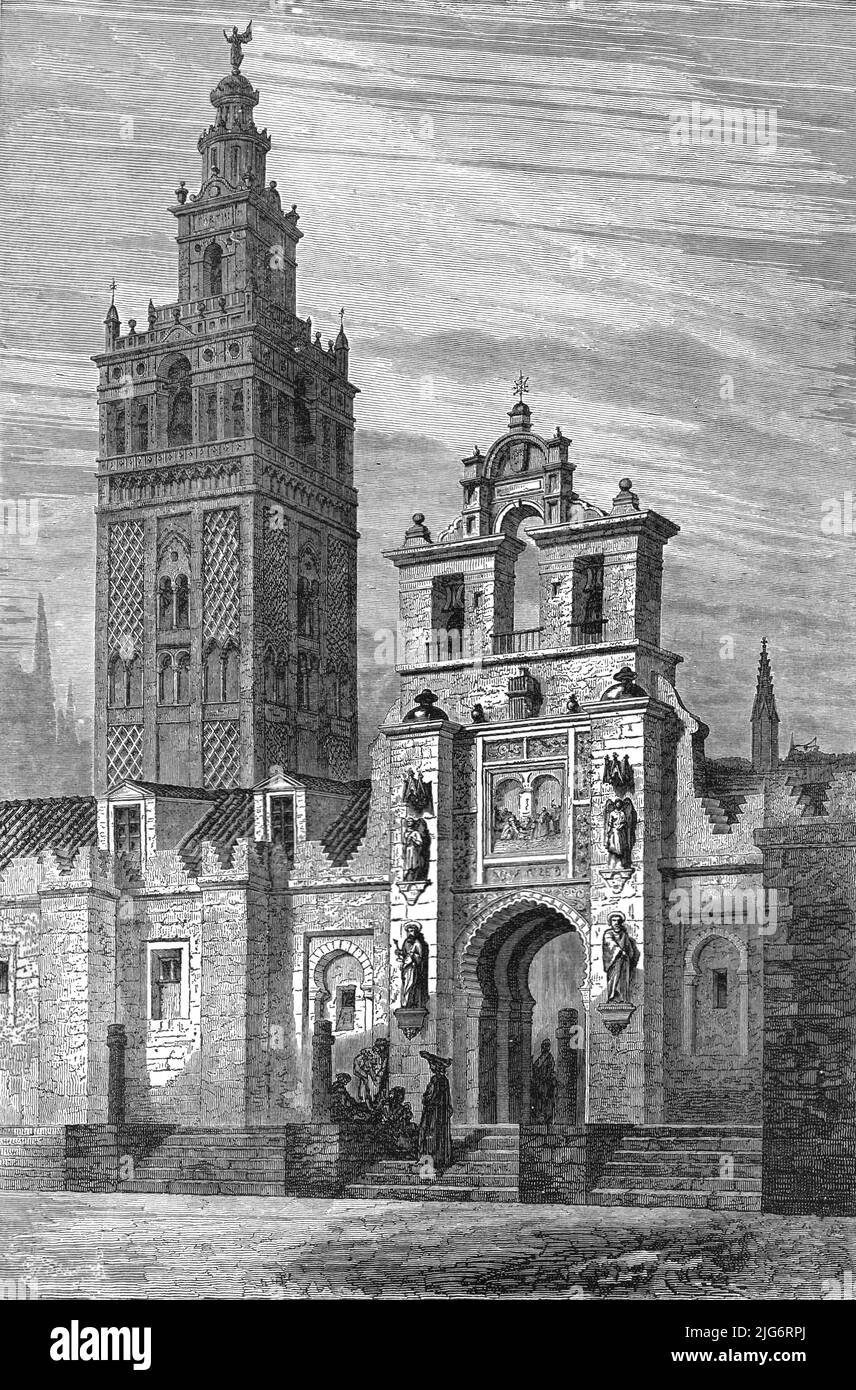 'La Giralda at Seville; An Autumn Tour in Andalusia', 1875. [Tower originally built as a minaret; a Renaissance-style belfry was added later. The Giralda became part of Seville Cathedral, southern Spain]. From, 'Illustrated Travels' by H.W. Bates. [Cassell, Petter, and Galpin, c1880, London] Belle Sauvage Works.London E.C. Stock Photo