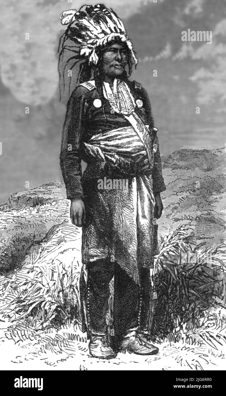 'Indian of the Lower Yellowstone River; The Hot Springs and Geyser Region of the Yellowstone River, in the Rocky Mountains', 1875. [Indigenous man of North America]. From, 'Illustrated Travels' by H.W. Bates. [Cassell, Petter, and Galpin, c1880, London] Belle Sauvage Works.London E.C. Stock Photo