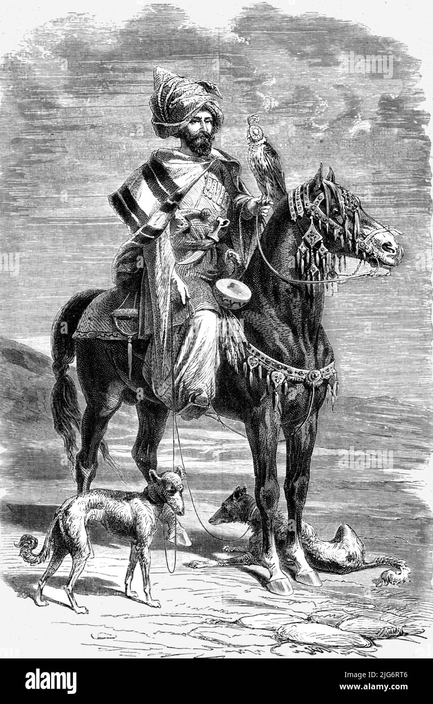'Falconer, North Persia; A Ramble in Persia', 1875. [Horseman with hooded falcon, dagger and hunting dogs. Note decoration on horse's bridle]. From, 'Illustrated Travels' by H.W. Bates. [Cassell, Petter, and Galpin, c1880, London] Belle Sauvage Works.London E.C. Stock Photo