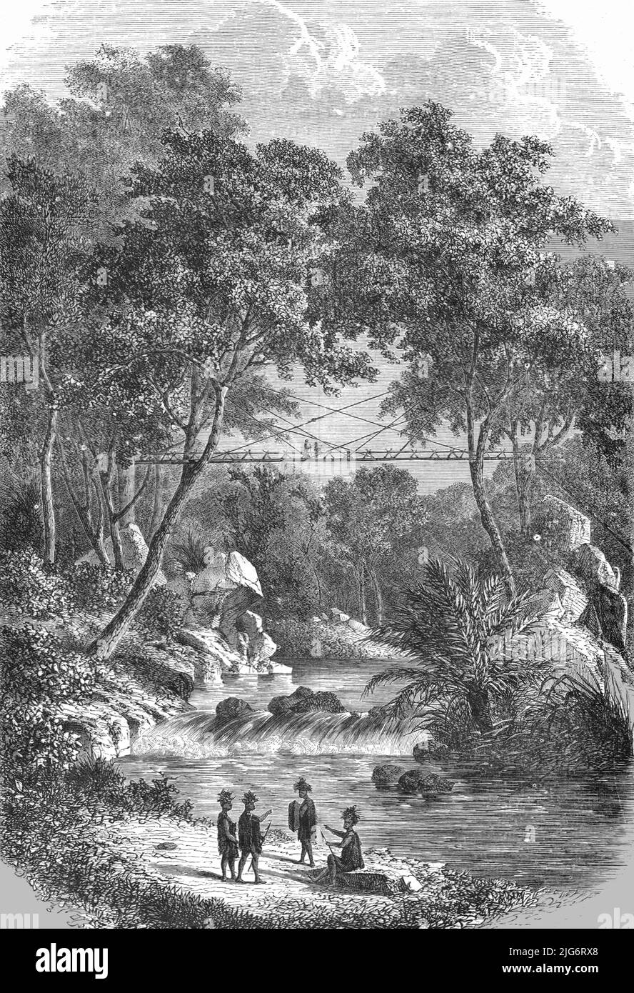 Bamboo Bridge of the Western Dyaks; A Visit to Borneo', 1875. From, 'Illustrated Travels' by H.W. Bates. [Cassell, Petter, and Galpin, c1880, London] Belle Sauvage Works.London E.C. Stock Photo