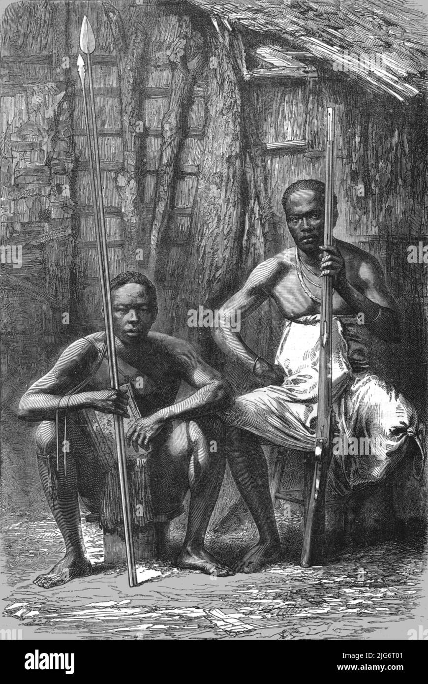 'Natives of the Rovuma; The Finding of Dr. Livingstone', 1875. [Men from the Ruvuma or Rovuma River area in the African Great Lakes region. Henry Morton Stanley found Scottish missionary David Livingstone in the town of Ujiji, in what is now western Tanzania, on 10 November 1871]. From, 'Illustrated Travels' by H.W. Bates. [Cassell, Petter, and Galpin, c1880, London] Belle Sauvage Works.London E.C. Stock Photo