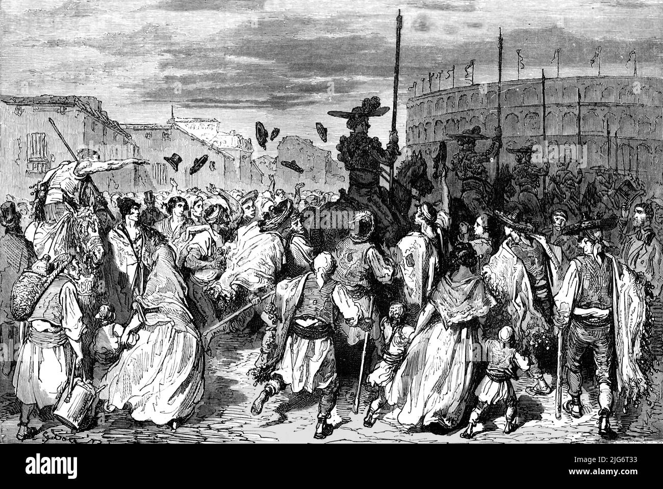'Arrival of the Picadors; An Autumn Tour in Andalusia', 1875. [Scene outside the bullring in southern Spain]. From, 'Illustrated Travels' by H.W. Bates. [Cassell, Petter, and Galpin, c1880, London] Belle Sauvage Works.London E.C. Stock Photo