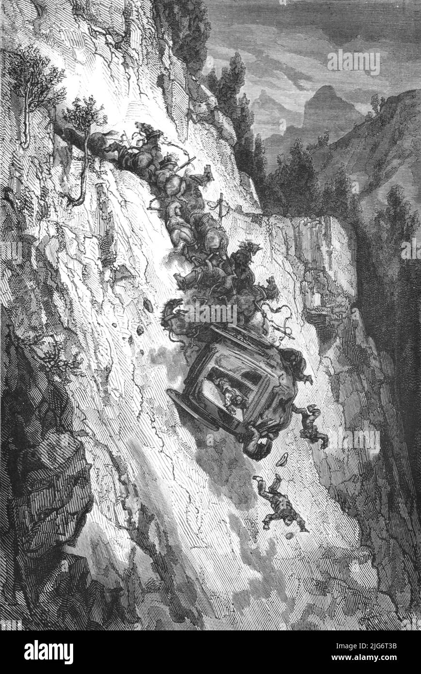 'An Accident; An Autumn Tour in Andalusia', 1875. [Stagecoach falling from a mountain road in Spain]. From, 'Illustrated Travels' by H.W. Bates. [Cassell, Petter, and Galpin, c1880, London] Belle Sauvage Works.London E.C. Stock Photo