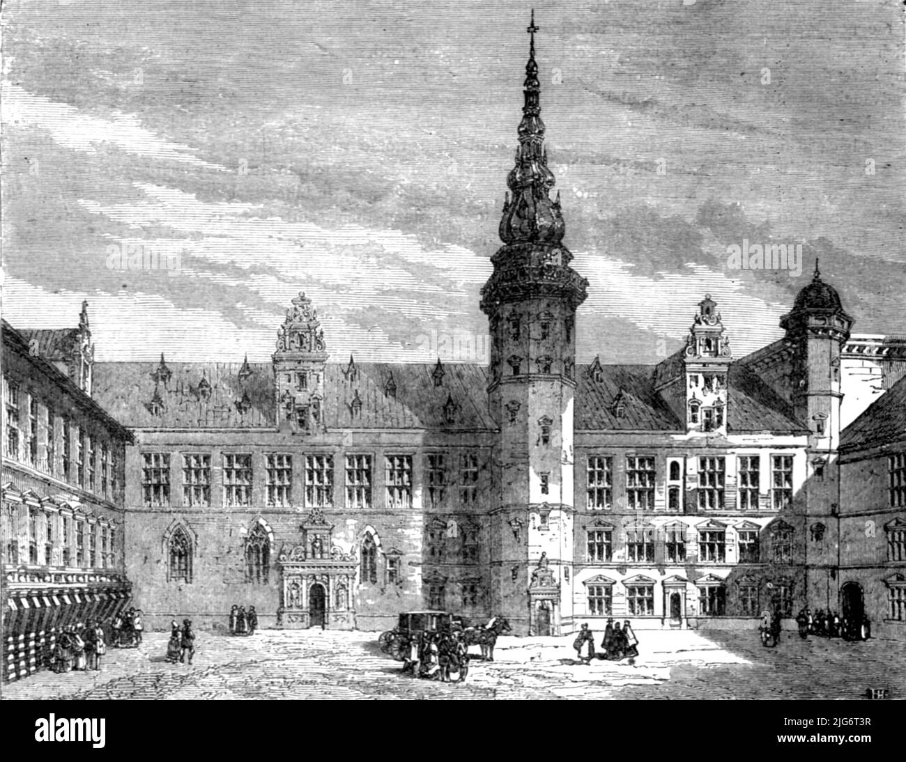 'Danish Chateau; From Stockholm to Copenhagen', 1875. [Courtyard of Kronborg Castle, near the town of Helsingor, Denmark; ('Elsinore' in Shakespeare's &quot;Hamlet&quot;]. From, 'Illustrated Travels' by H.W. Bates. [Cassell, Petter, and Galpin, c1880, London] Stock Photo