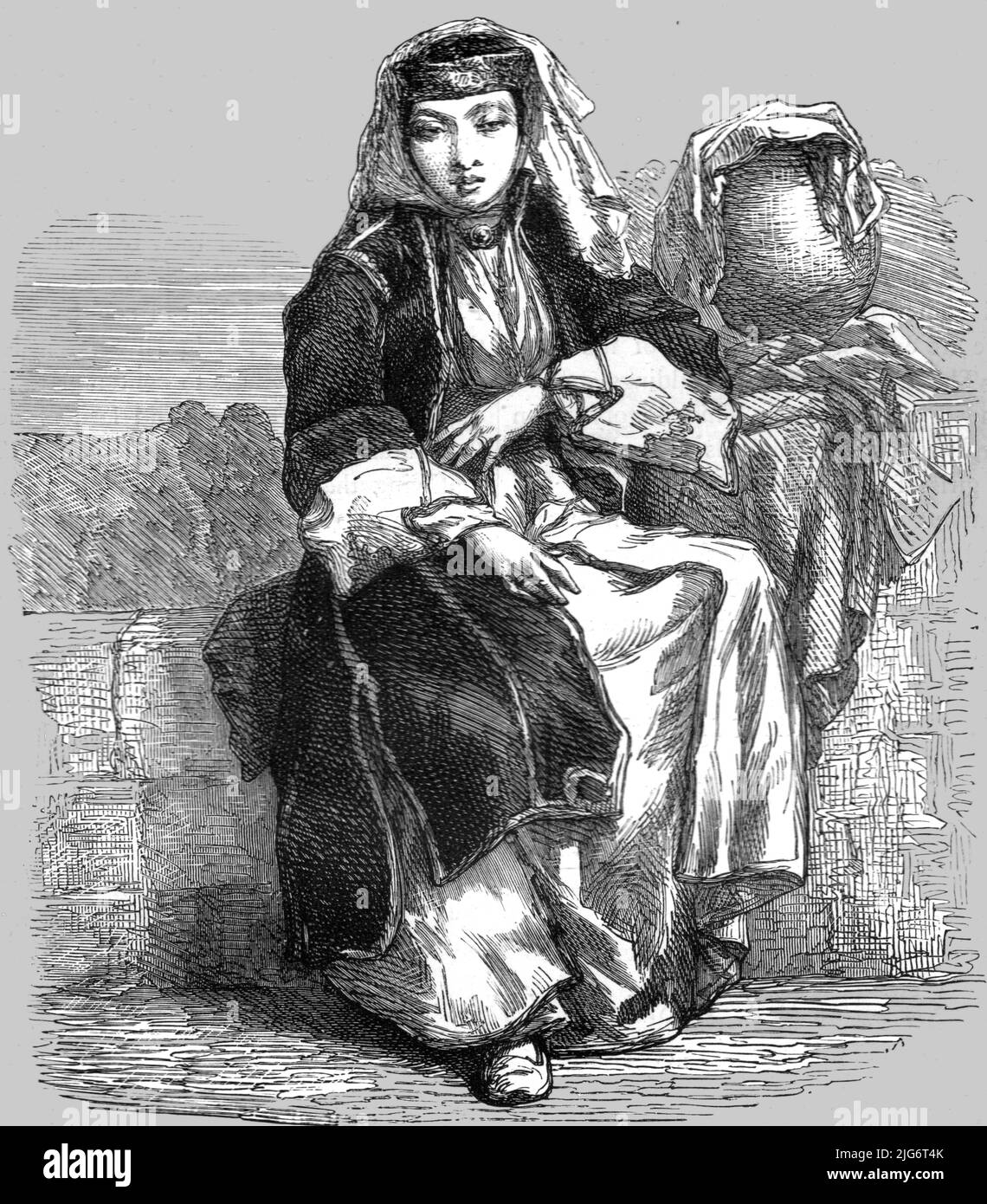 'Young Jewess of Salonica; Notes on Albania', 1875. From, 'Illustrated Travels' by H.W. Bates. [Cassell, Petter, and Galpin, c1880, London] Belle Sauvage Works.London E.C. Stock Photo