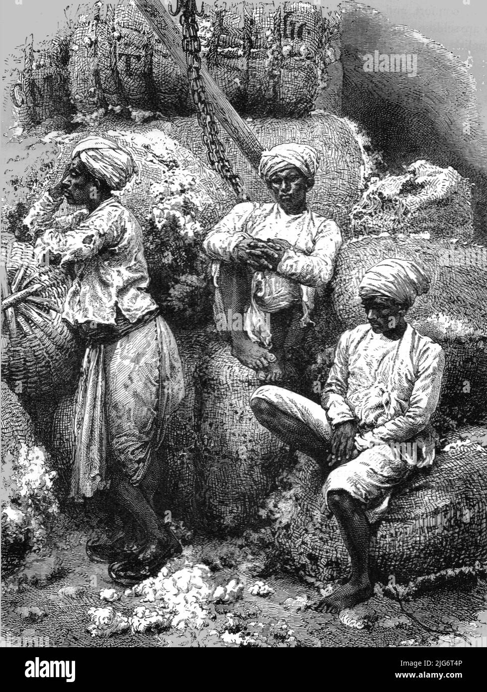 'Cotton-Store and Coolies, Bombay; Notes on Bombay and the Malabar Coast', 1875. [Workers at a cotton warehouse in what is now Mumbai, India]. From, 'Illustrated Travels' by H.W. Bates. [Cassell, Petter, and Galpin, c1880, London] Belle Sauvage Works.London E.C. Stock Photo
