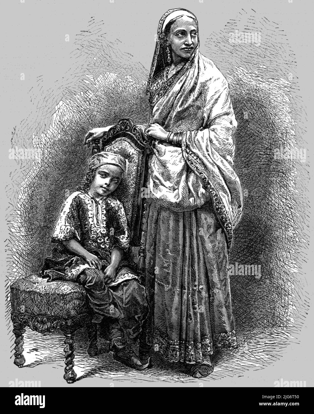 'Parsee Lady; Notes on Bombay and the Malabar Coast', 1875. [Parsi woman and child, India]. From, 'Illustrated Travels' by H.W. Bates. [Cassell, Petter, and Galpin, c1880, London] Belle Sauvage Works.London E.C. Stock Photo