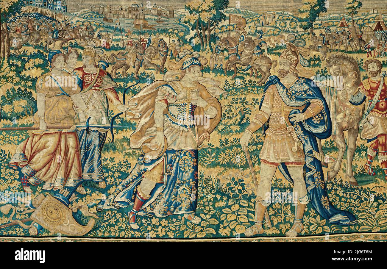 Alexander Encounters Thalestris, Queen of the Amazons, from The Story of Alexander the Great, Flanders, c. 1600. Detail from a larger artwork. Stock Photo