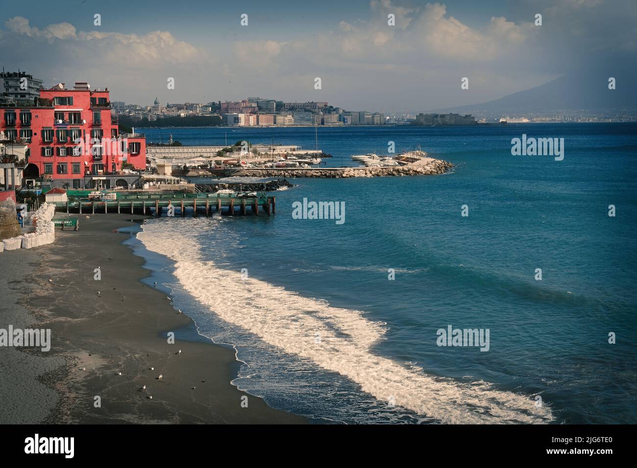 Amazing landscape on the shore of the Mediterranean sea, Mergellina lungomare at gulf of Naples, Italy. Stock Photo