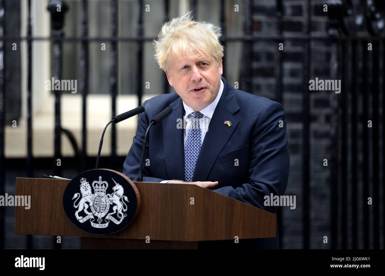 British Prime Minister Boris Johnson delivering his resignation speech in Downing Street, 7th July 2022. Stock Photo