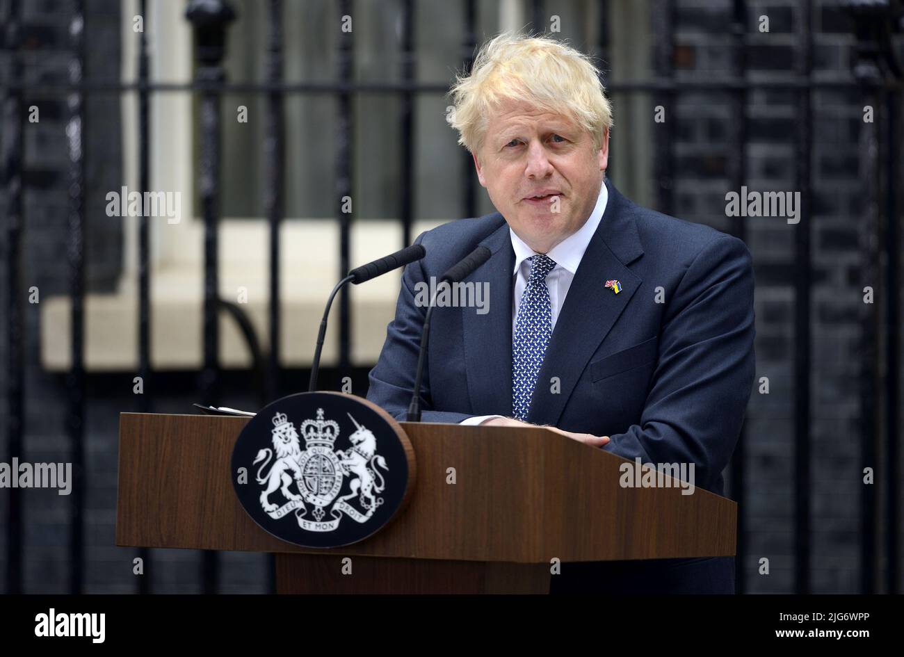 British Prime Minister Boris Johnson delivering his resignation speech in Downing Street, 7th July 2022. Stock Photo