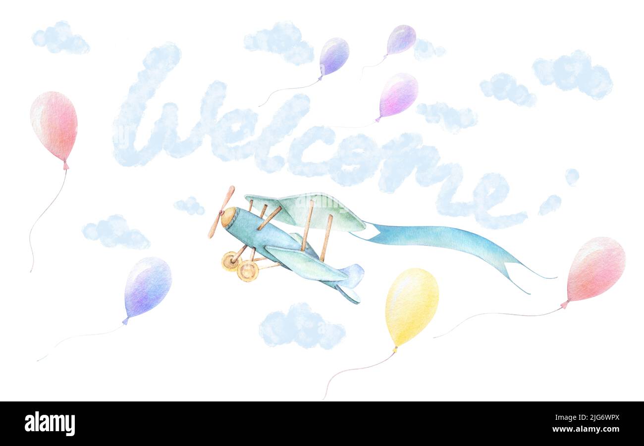 Welcome Nursery wall art. Airplane with ribbon, balloons fly in sky. Blue clouds white background. Baby shower boy. Watercolor. Isolated composition Stock Photo
