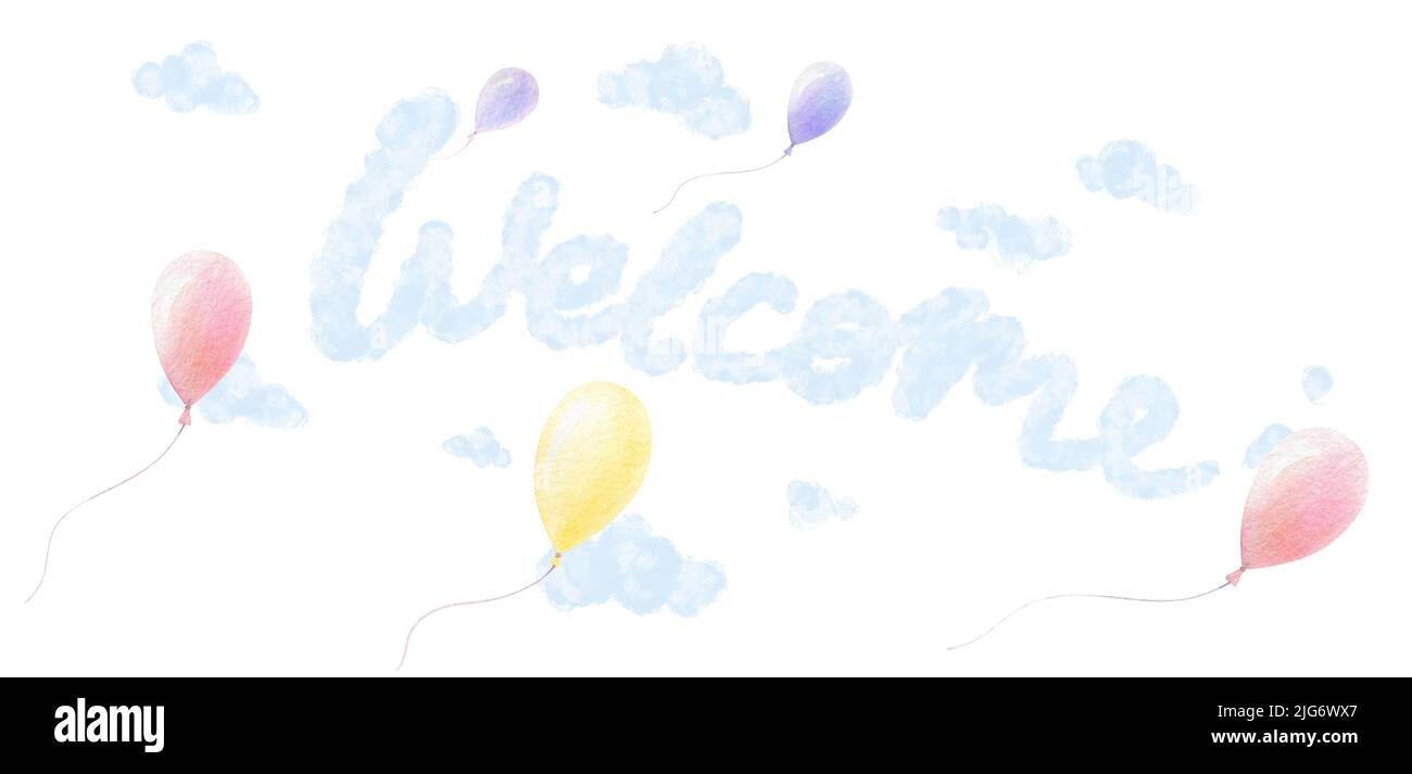 Welcome Nursery wall art. Balloons fly in sky. Blue clouds white background. Baby shower invitation. Watercolor. Isolated pre-made composition Stock Photo