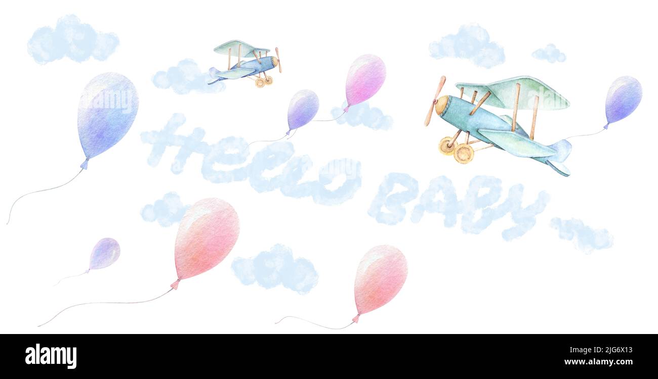 Hello baby. Nursery wall art. Airplanes, colorful balloons fly in sky. Blue clouds. White background. Baby shower boy. Watercolor. Stock Photo