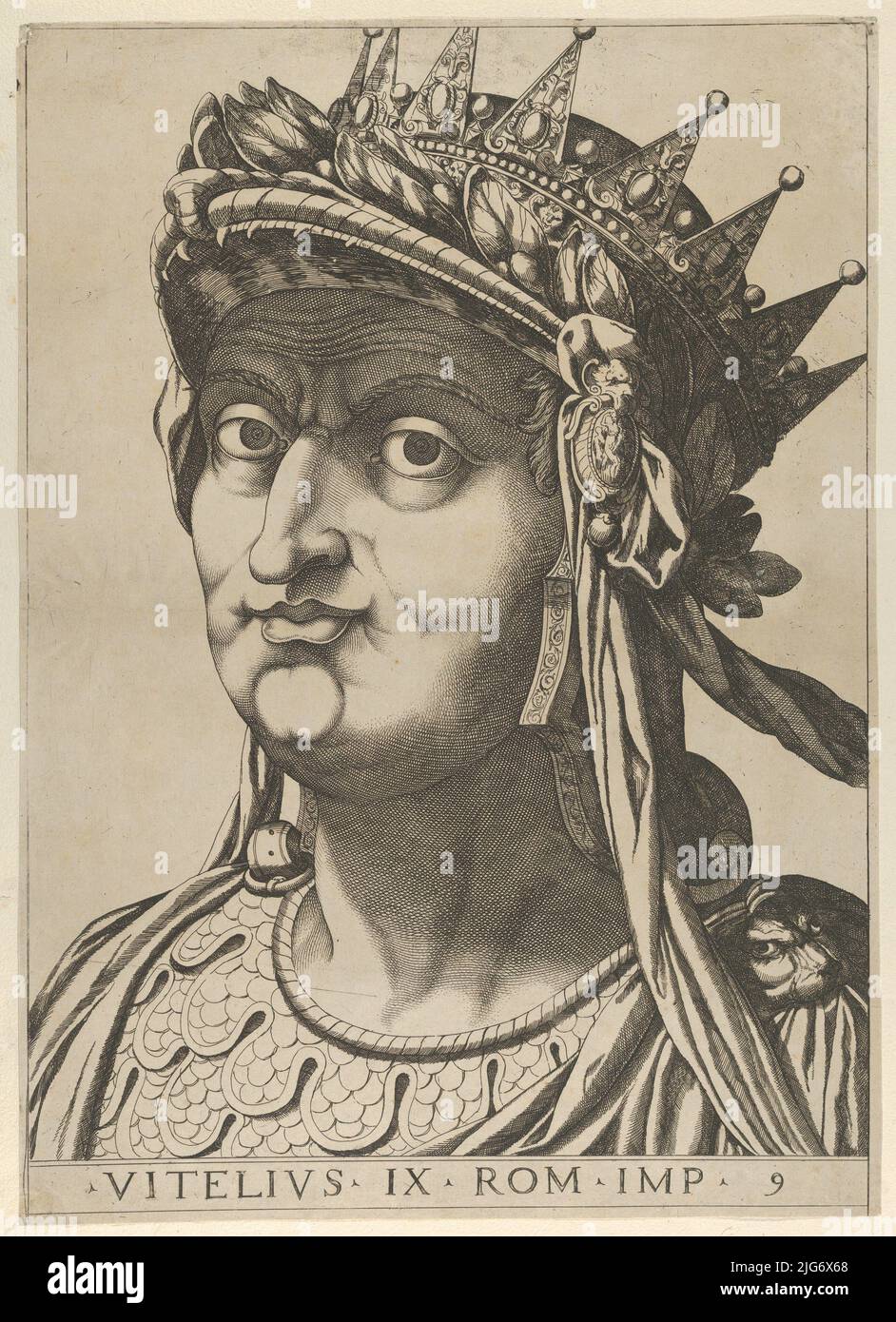 Plate 9: Aulus Vitellius with his head turned slightly to the left, from 'The Twelve Caesars', 1610-40. Stock Photo