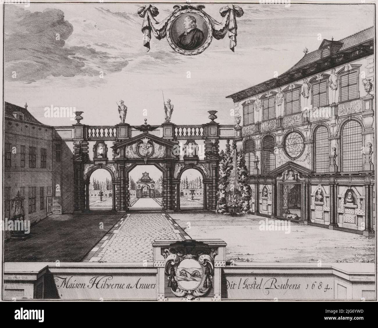 View of the Garden of the Rubenshuis, Antwerp, 1675-1732. Stock Photo