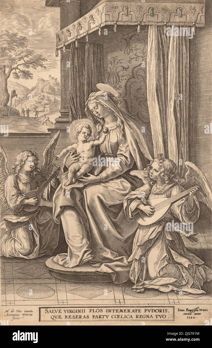 Virgin and Child Enthroned with Two Musical Angels,.n.d. Stock Photo