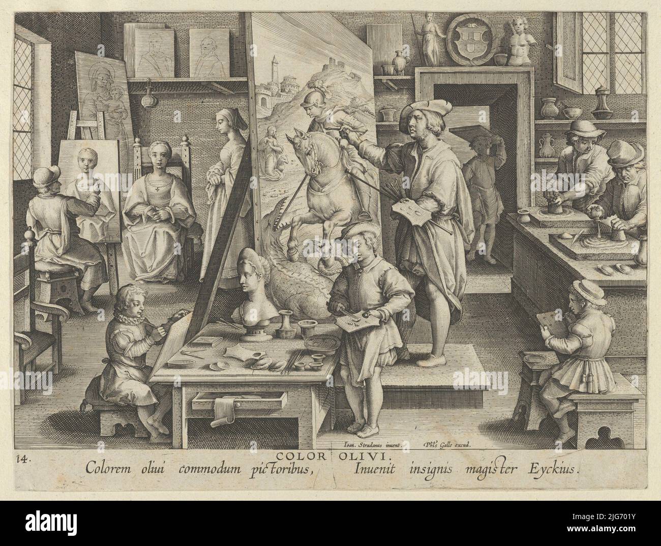 New Inventions of Modern Times [Nova Reperta], The Invention of Oil Painting, plate 14, ca. 1600. Stock Photo