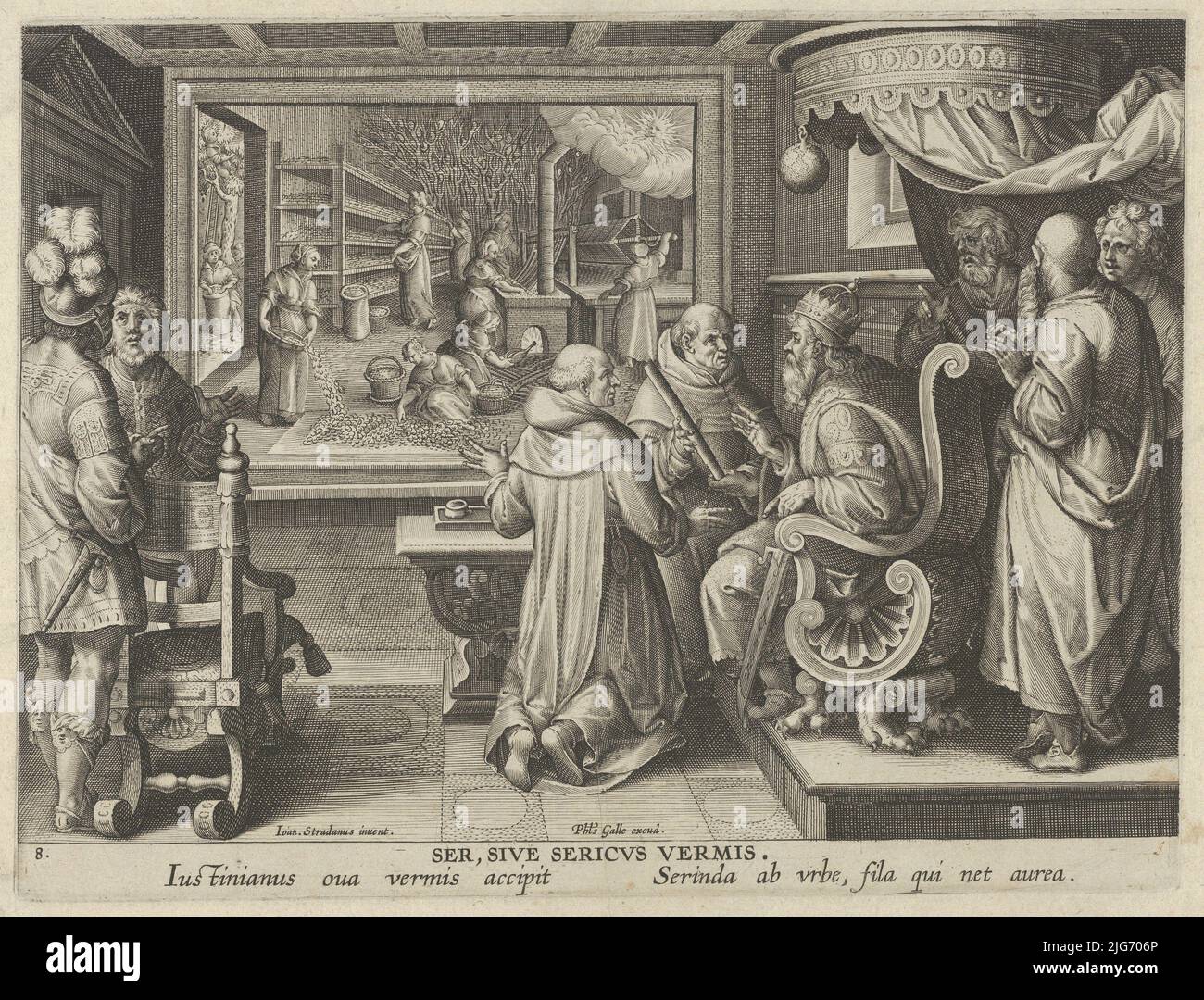 New Inventions of Modern Times [Nova Reperta], The Production of Silk, plate 8, ca. 1600. Stock Photo
