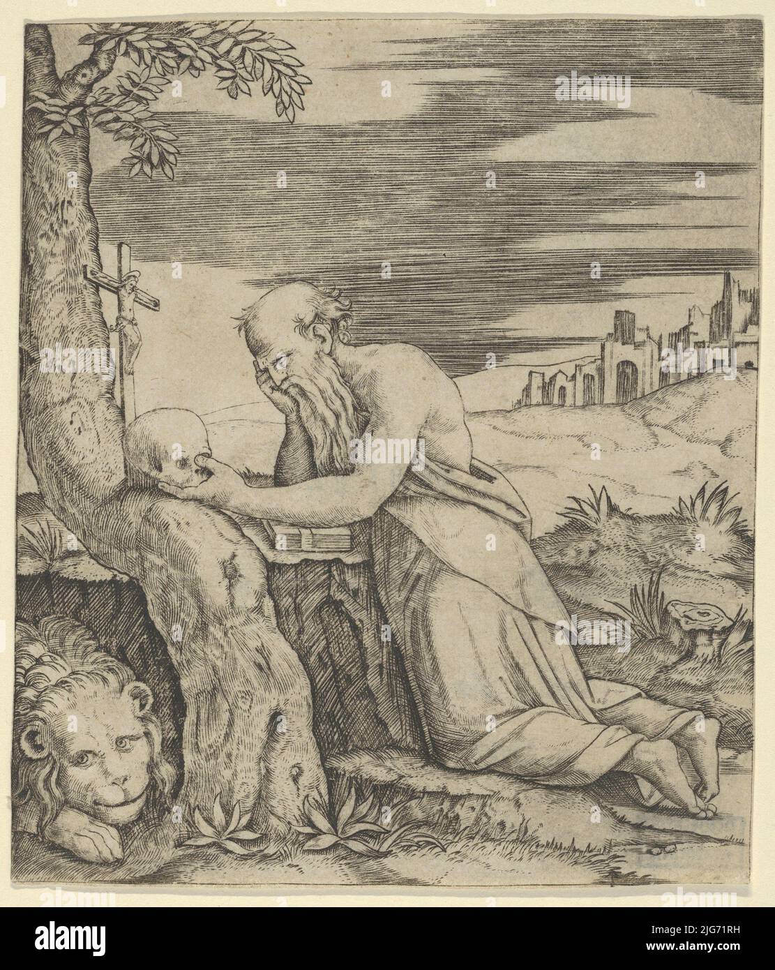 St Jerome kneeling before a crucifix, a skull in his left hand, a lion ...