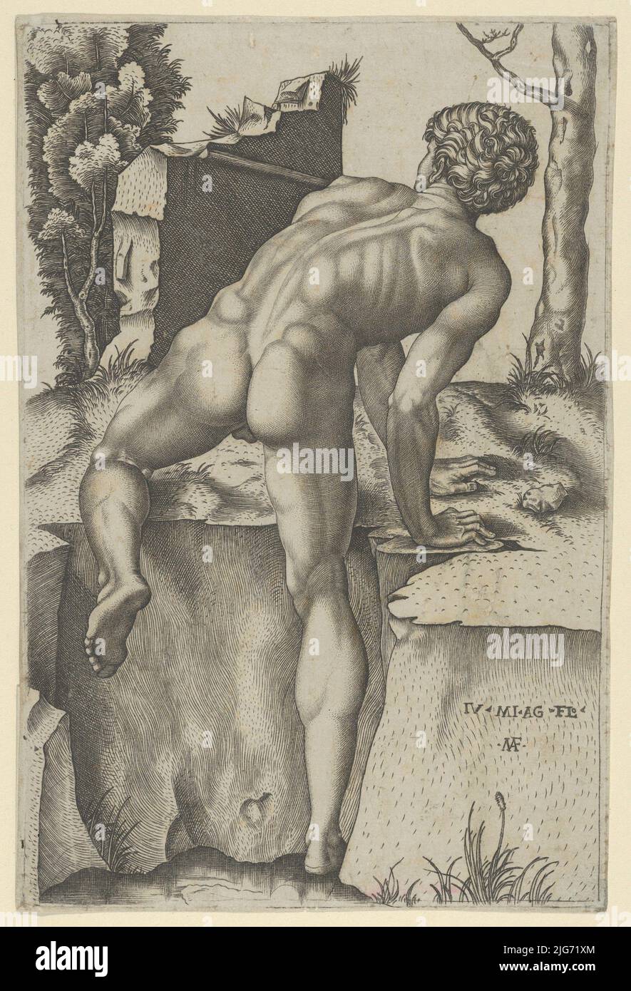 Naked man viewed from behind climbing a river bank, after Michelangelo, ca. 1509. Stock Photo