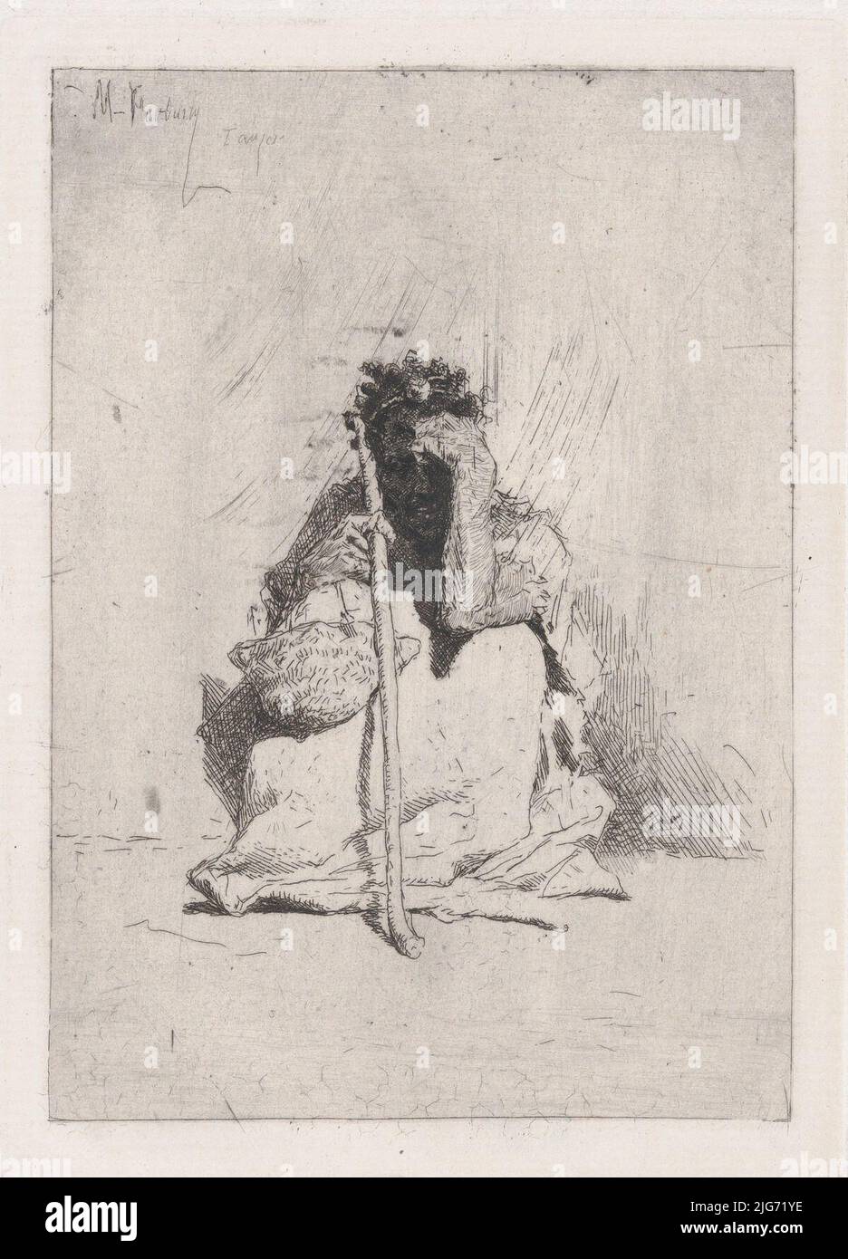 A beggar, seated on the ground holding a stick, ca. 1862. Stock Photo