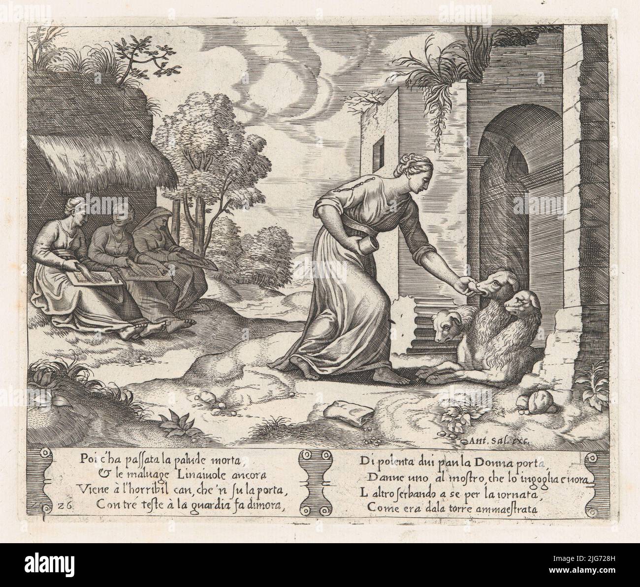 Plate 26: Psyche enters the underworld giving an offering to Cerberus, with two elderly women at left, from the Story of Cupid and Psyche as told by Apuleius, 1530-60. Stock Photo
