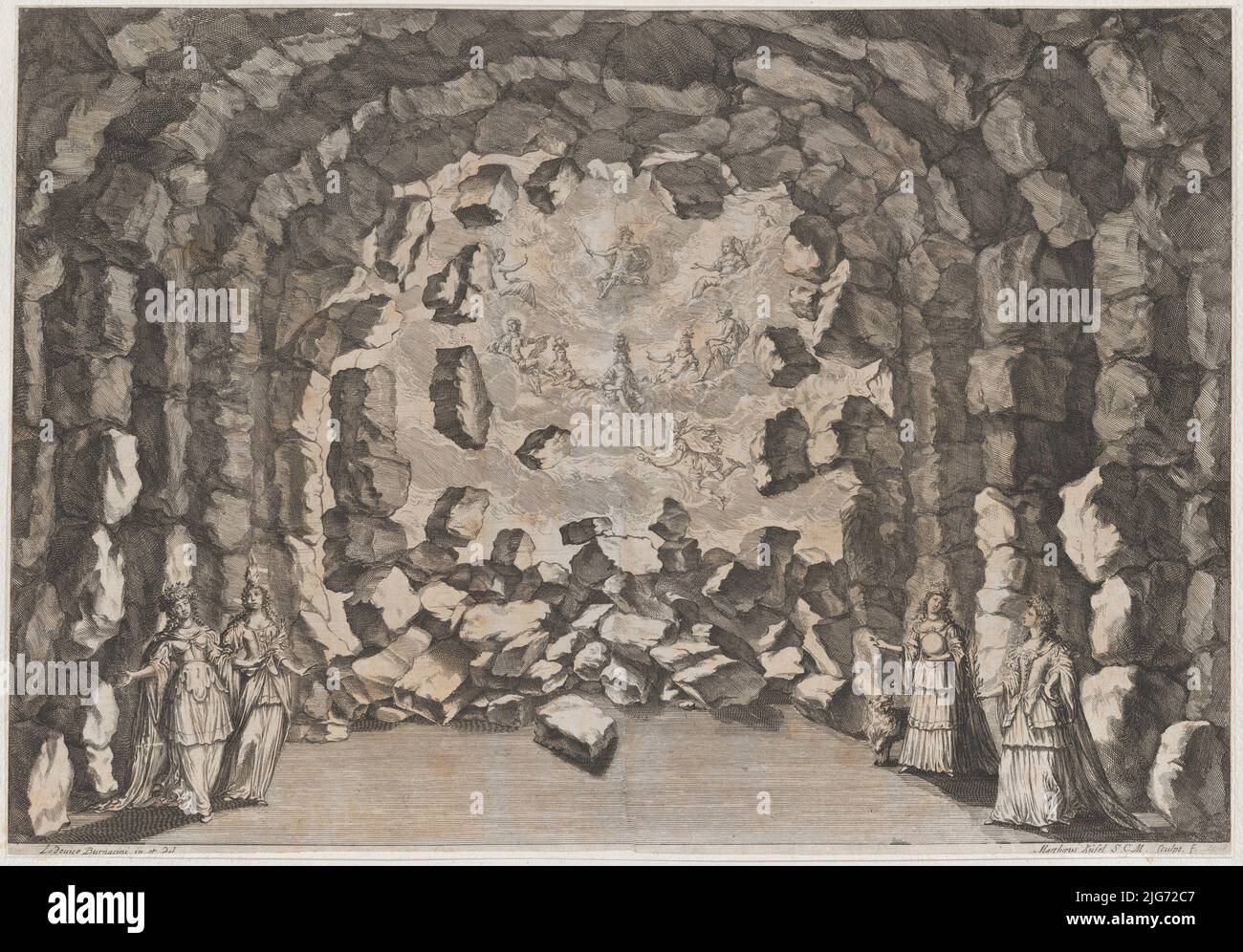 A grotto with collapsing rocks, opening to a sky full of the enthroned gods of Olympus, including Jupiter, Apollo, Mars, Venus, and Mercury; set design from 'La Monarchia Latina Trionfante', 1678. Stock Photo