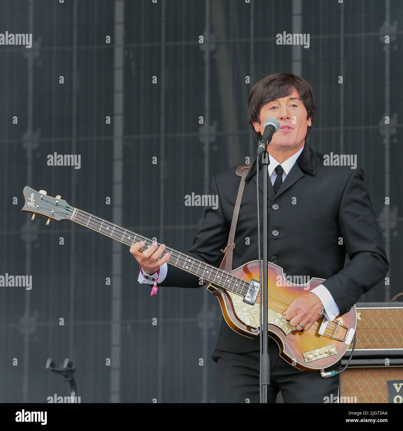 Glasgow, UK. 08th July, 2022. TRNSMT music festival in Glasgow Green, Glasgow, Scotland, UK was officially started by 'The Bootleg Beatles' tribute band playing a selection of well known Beatles hits. The festival is held over 3 days and is expected to be a sell out with thousands of music fans attending on each day. Credit: Findlay/Alamy Live News Stock Photo