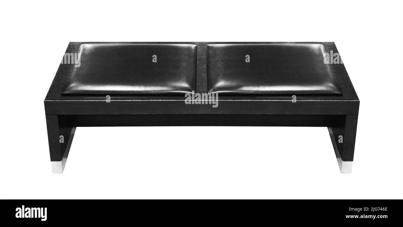 isolated indoor black wooden leather bench, commercial furniture for