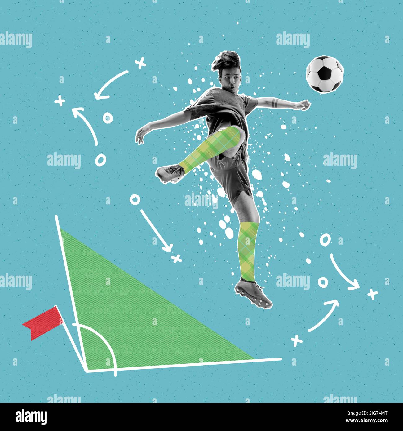 Contemporary art collage. Professional male soccer football player
