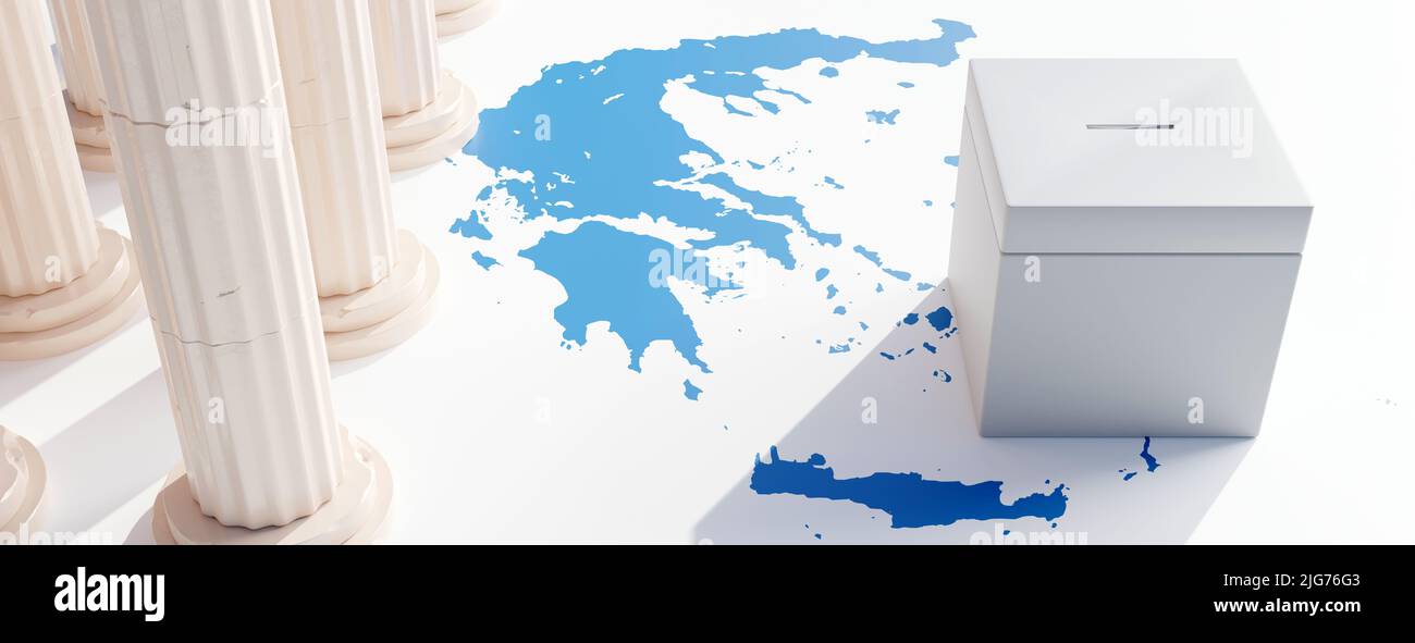 Election in Greece. Voting box and Ancient Greek marble pillars on blue and white Greek map background, above view. 3d render Stock Photo