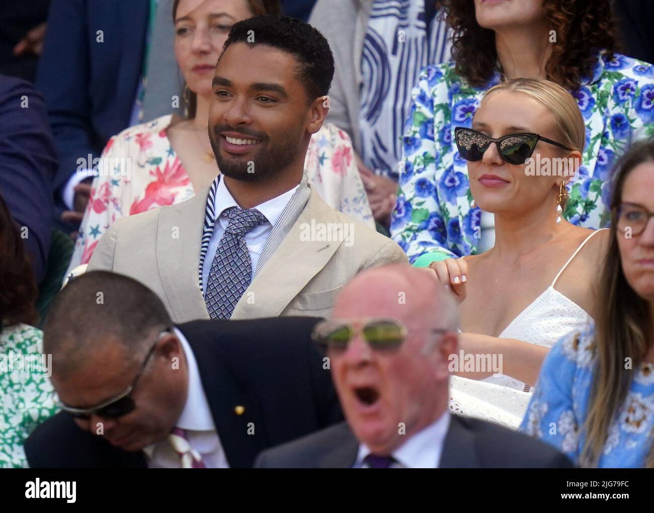 Rege-Jean Page and Emily Brown on day twelve of the 2022 Wimbledon Championships at the All England Lawn Tennis and Croquet Club, Wimbledon. Picture date: Friday July 8, 2022. Stock Photo