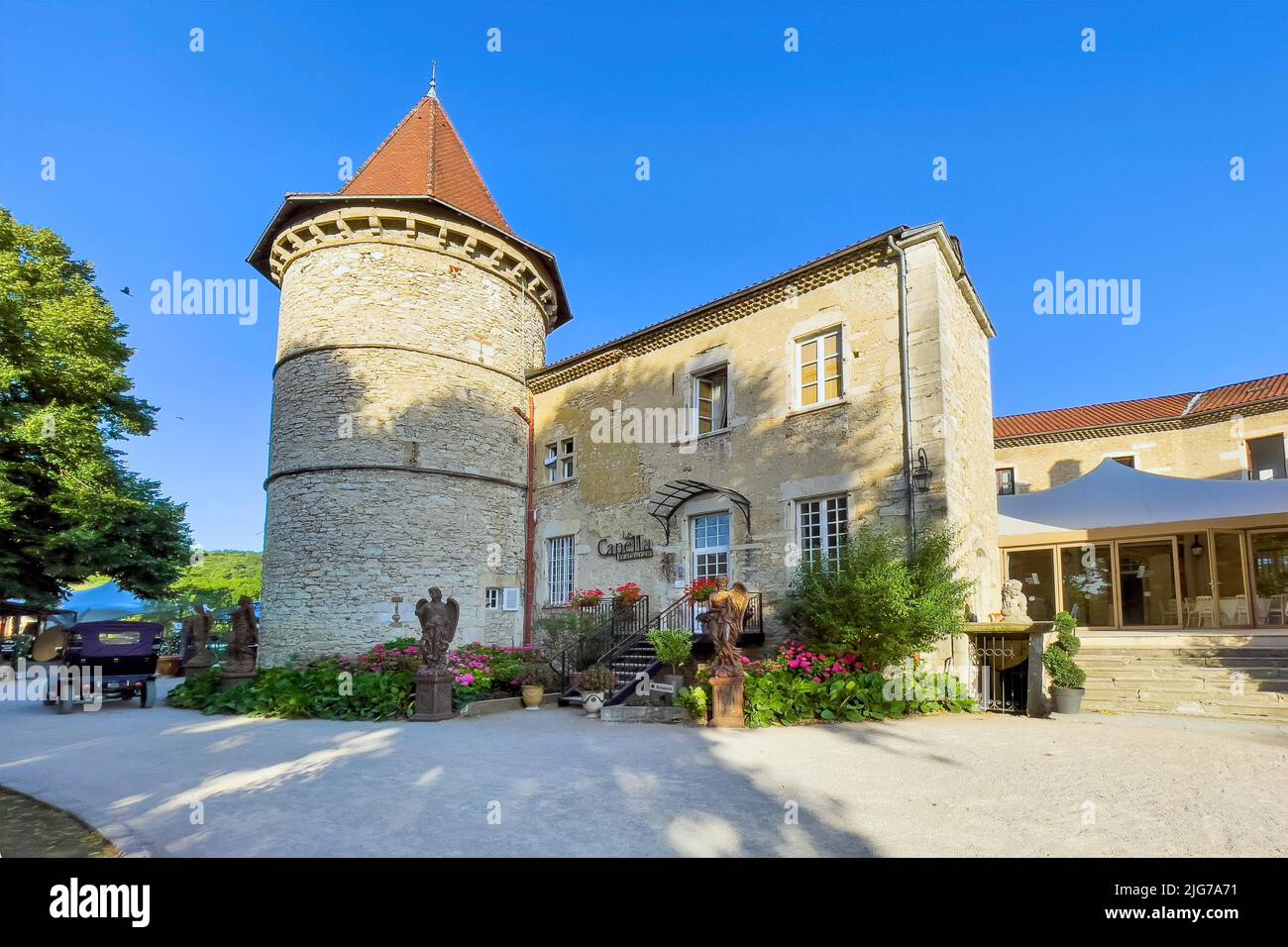 Tower of Chateau de Chapeau Cornu, Vignieu, Departement Isere, Region Auvergne-Rhone-Alpes, France Stock Photo