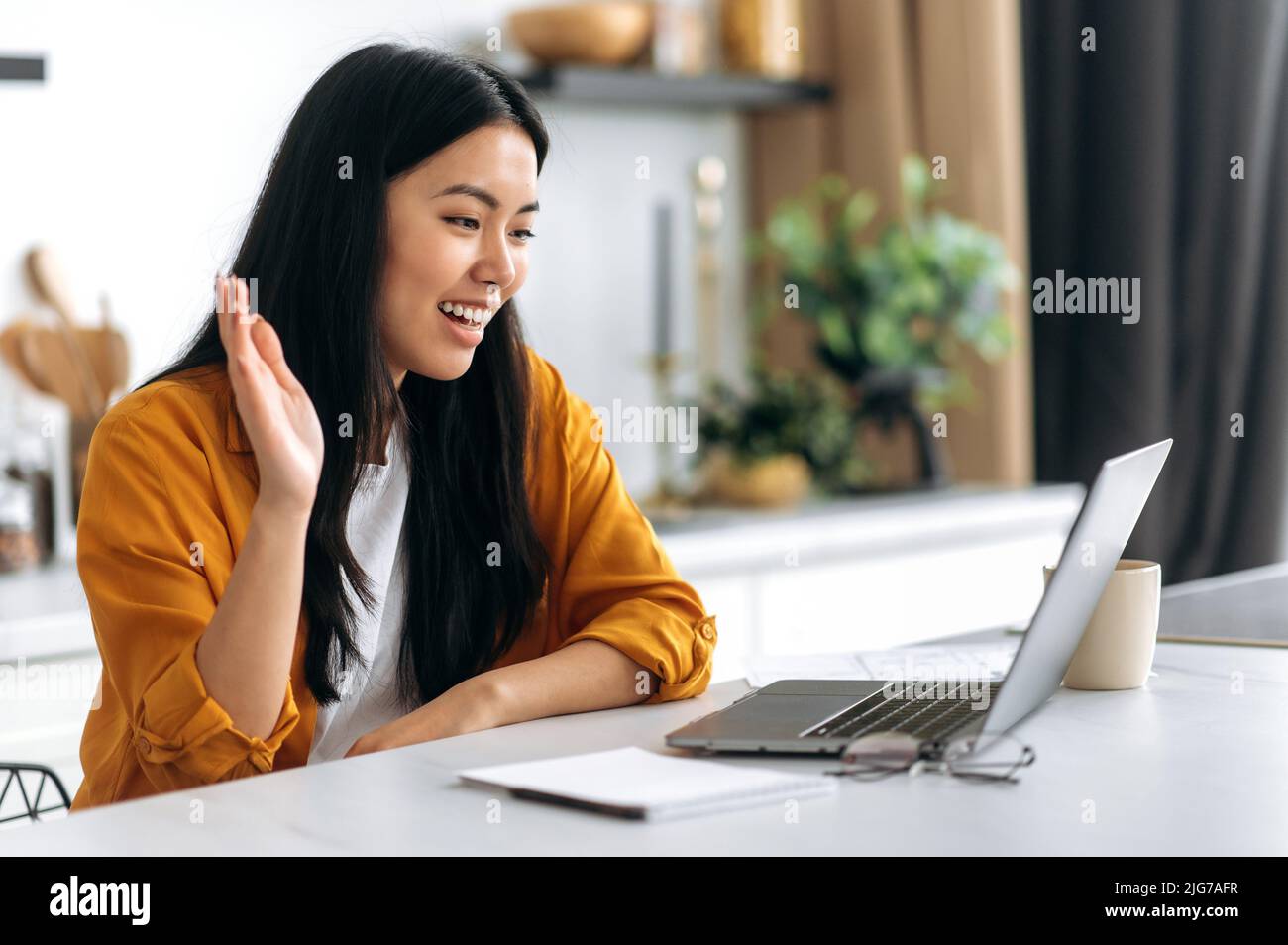 Side view of an Asian positive sociable girl, in casual clothes, working from home sitting in the kitchen, communicates via online video conference with employees, greets, smile, discusses work issues Stock Photo