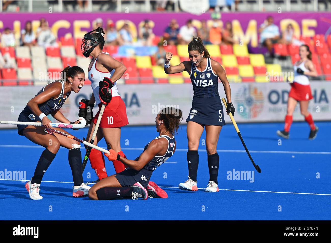 Terrassa, Spain. 2022 July 7 . Argentine team celebrating a goal in the Argentina vs. Canada