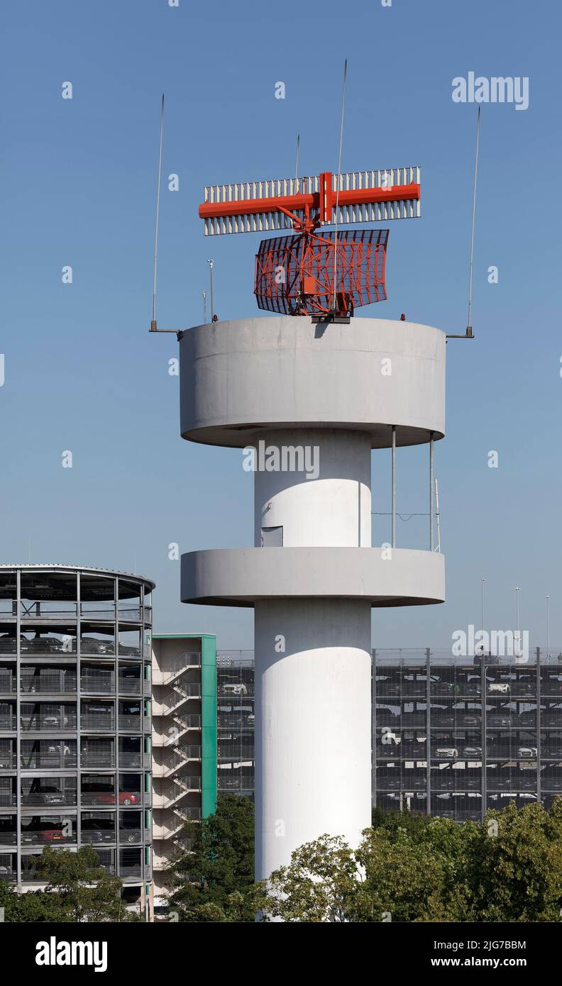 Radar tower, blue sky, Duesseldorf Airport, North Rhine-Westphalia, Germany Stock Photo