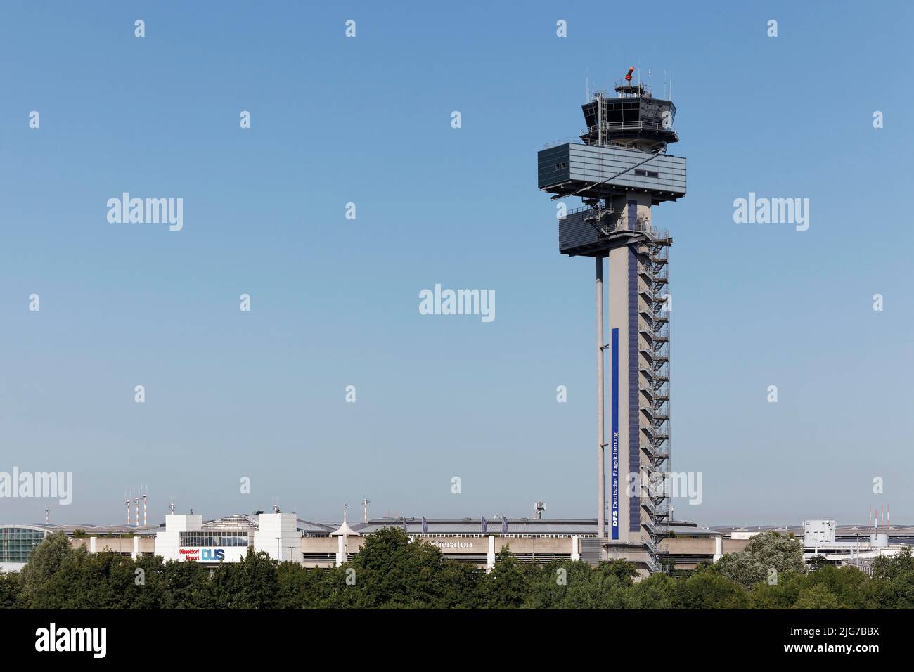 Tower against a blue sky, German Air Traffic Control, Duesseldorf Airport, North Rhine-Westphalia, Germany Stock Photo