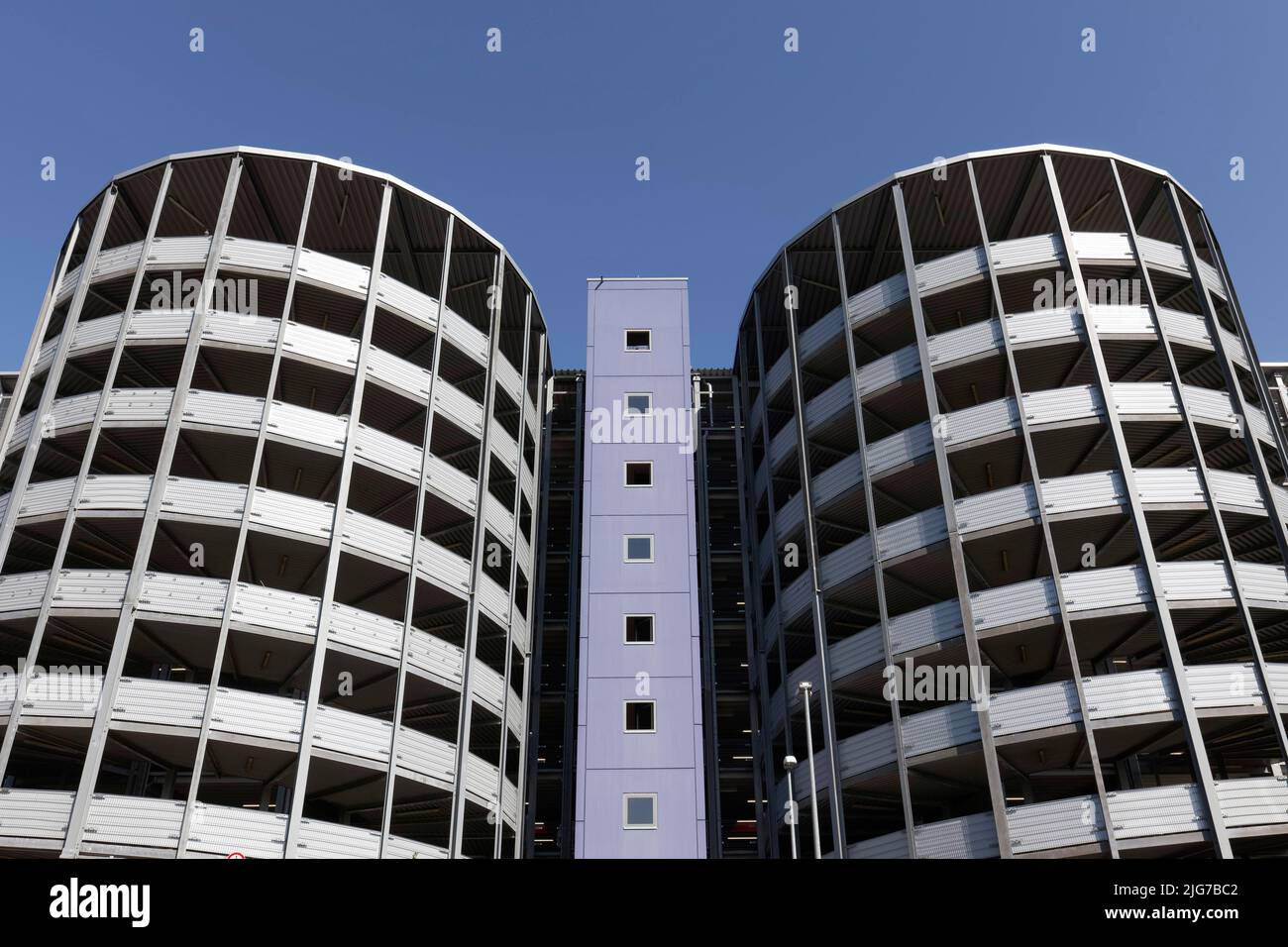 Modern multi-storey car park, two access towers, Duesseldorf Airport, North Rhine-Westphalia, Germany Stock Photo