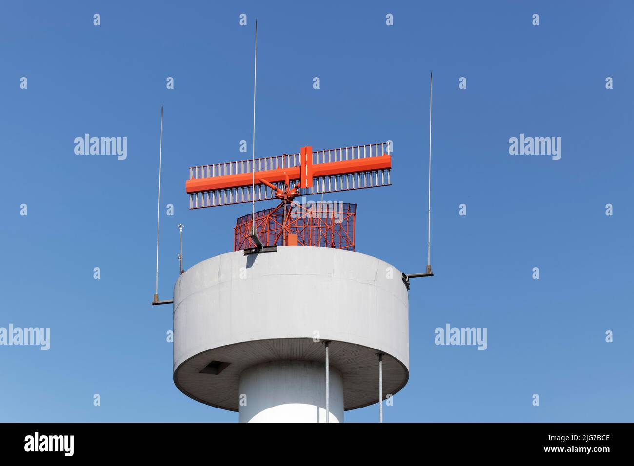 Radar tower, blue sky, Duesseldorf Airport, North Rhine-Westphalia, Germany Stock Photo