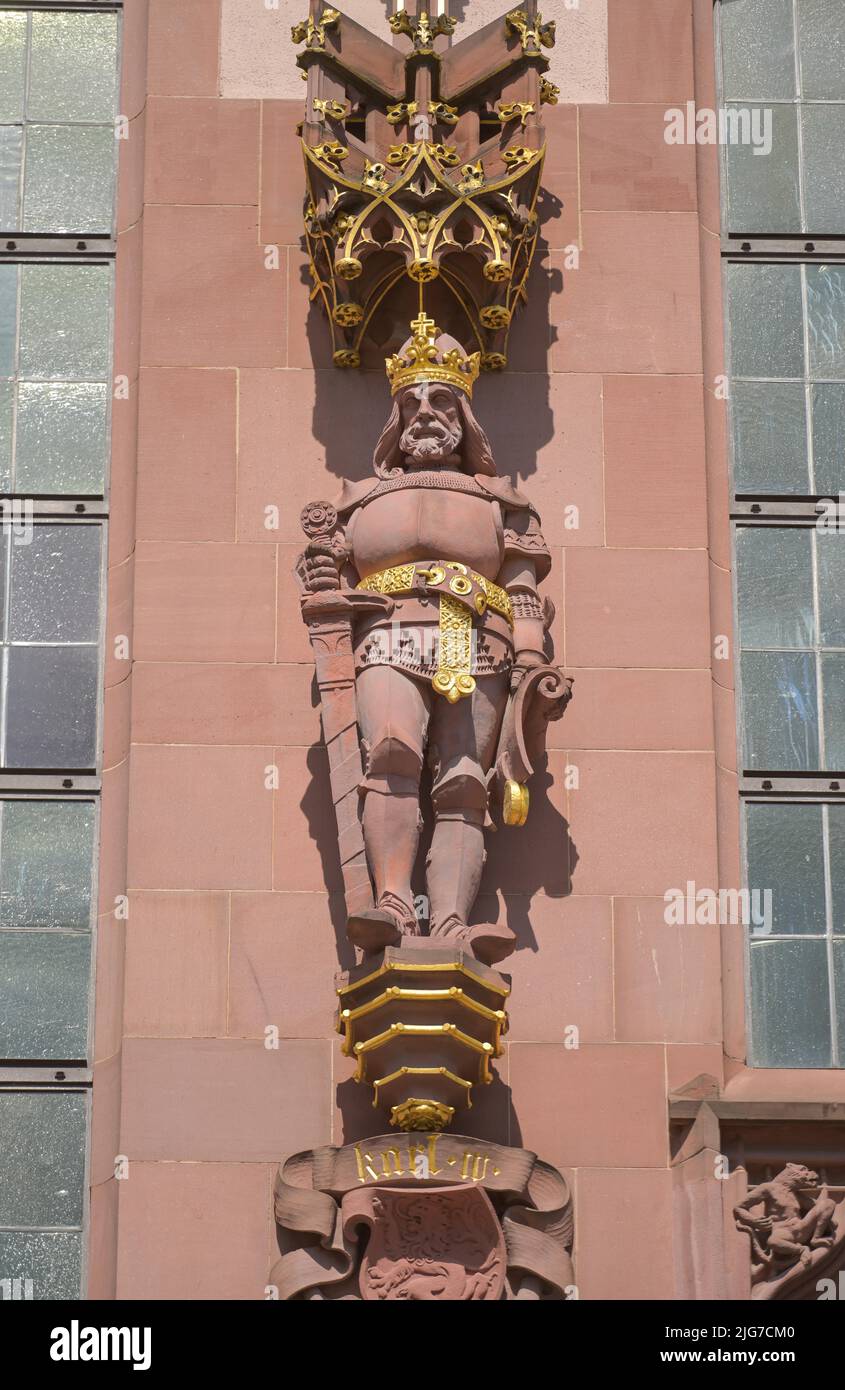 Statue of German Emperor Charles IV, Old Town Hall Roemer, Roemerberg, Frankfurt am Main, Hesse, Germany Stock Photo