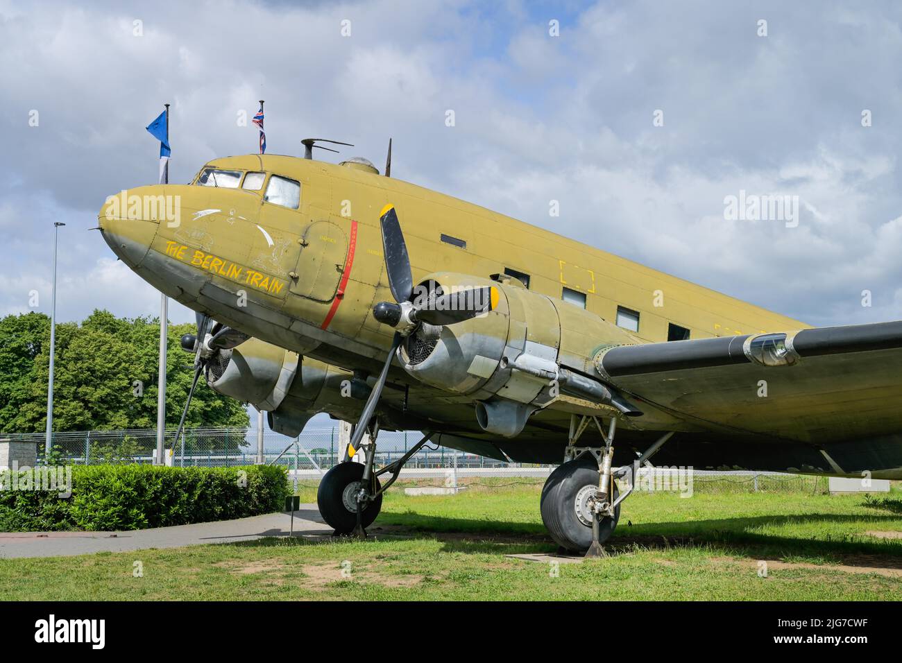 Sultana Bomber Douglas C-47 Dakota, Airlift Monument, Airport, Frankfurt am Main, Hesse, Germany Stock Photo
