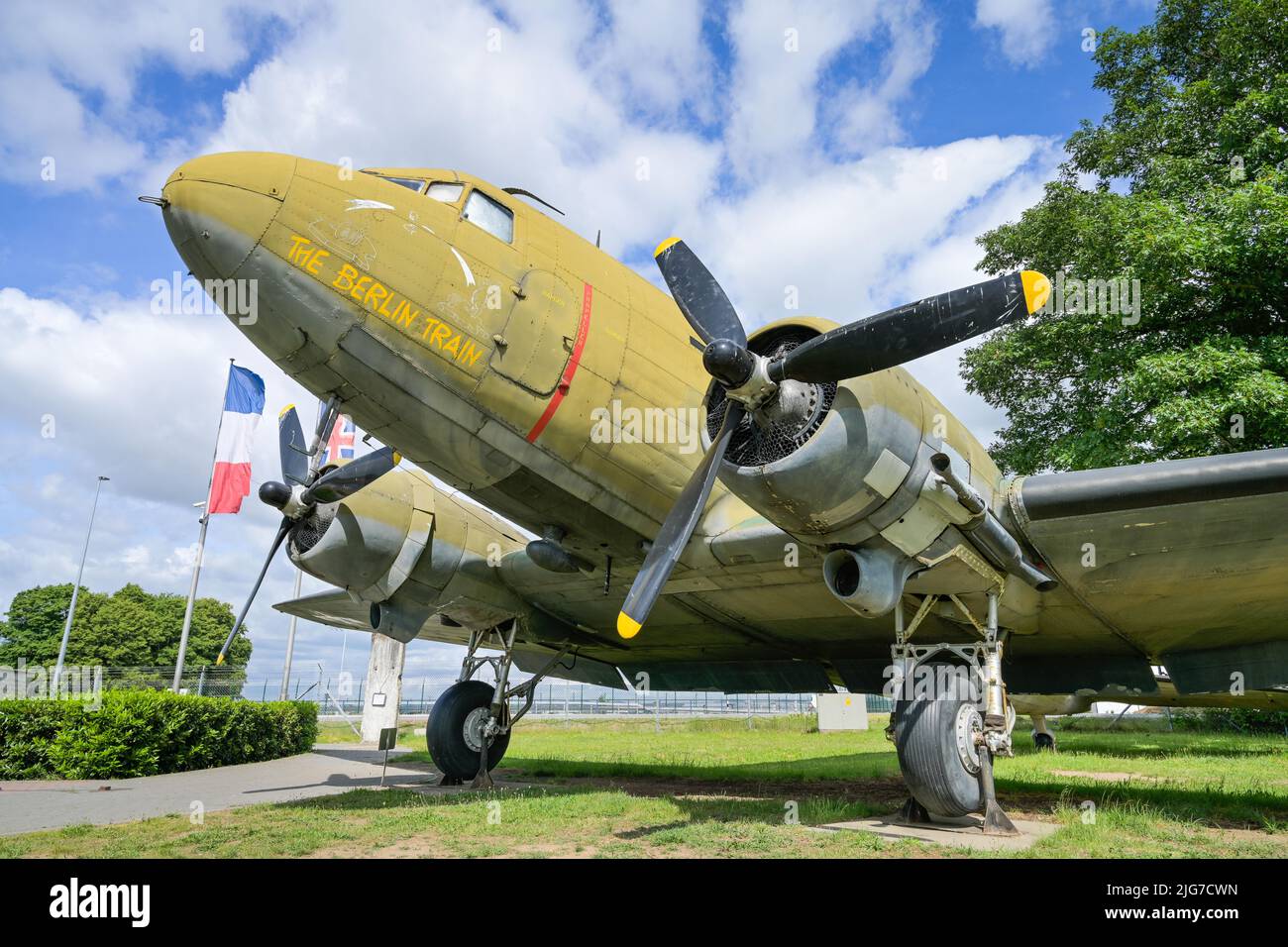 Sultana Bomber Douglas C-47 Dakota, Airlift Monument, Airport, Frankfurt am Main, Hesse, Germany Stock Photo