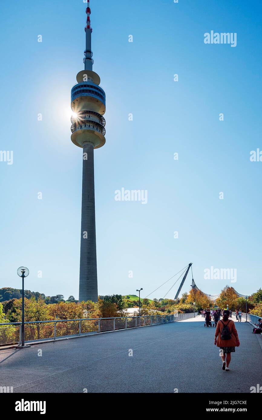 Olympic Park with TV tower backlit and tent roof, Munich, Upper Bavaria ...