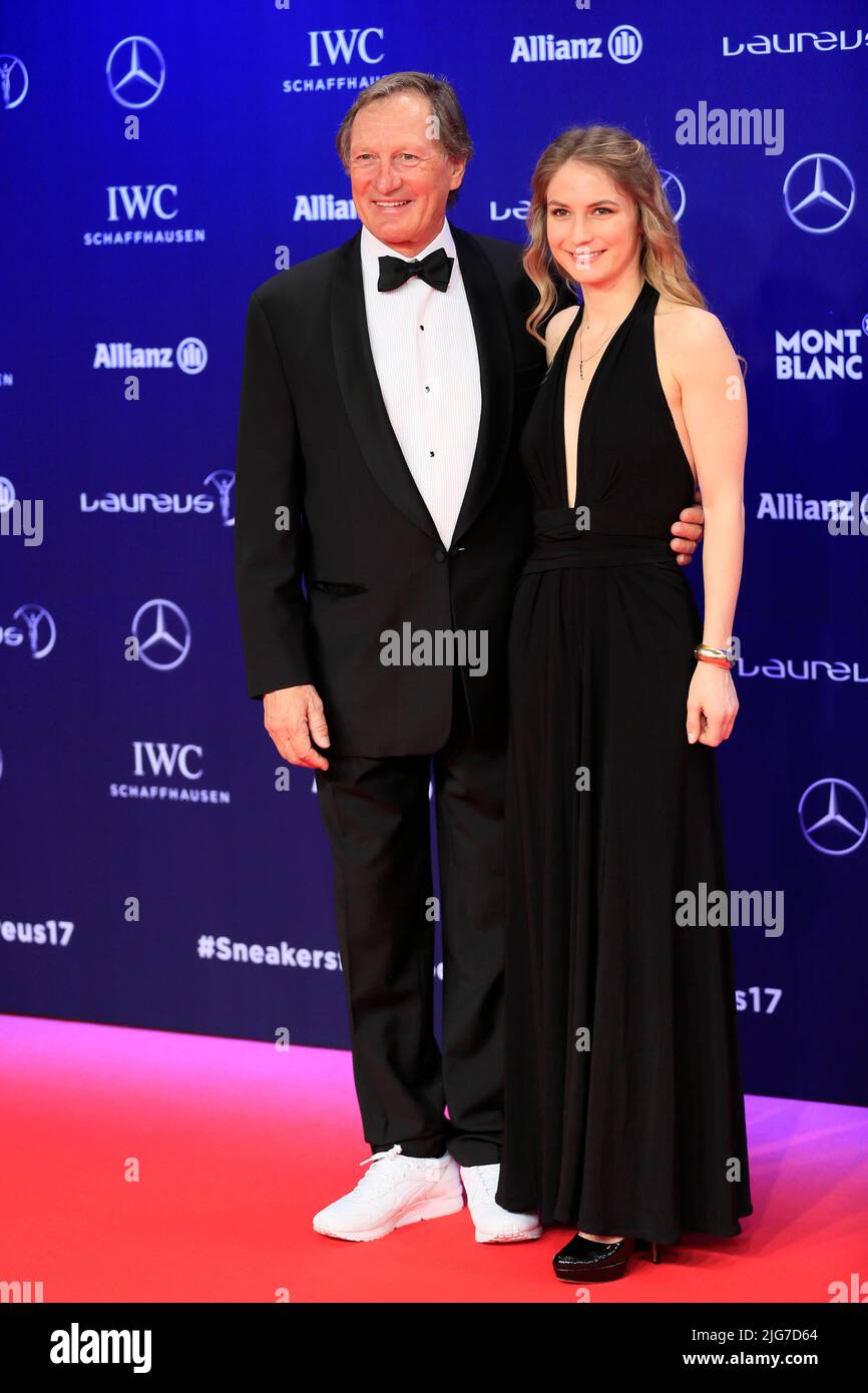Former ski racer Franz Klammer with daughter, 2017 Laureus World Sports Awards, Monaco, Sporting Monte-Carlo, Red Carpet Stock Photo