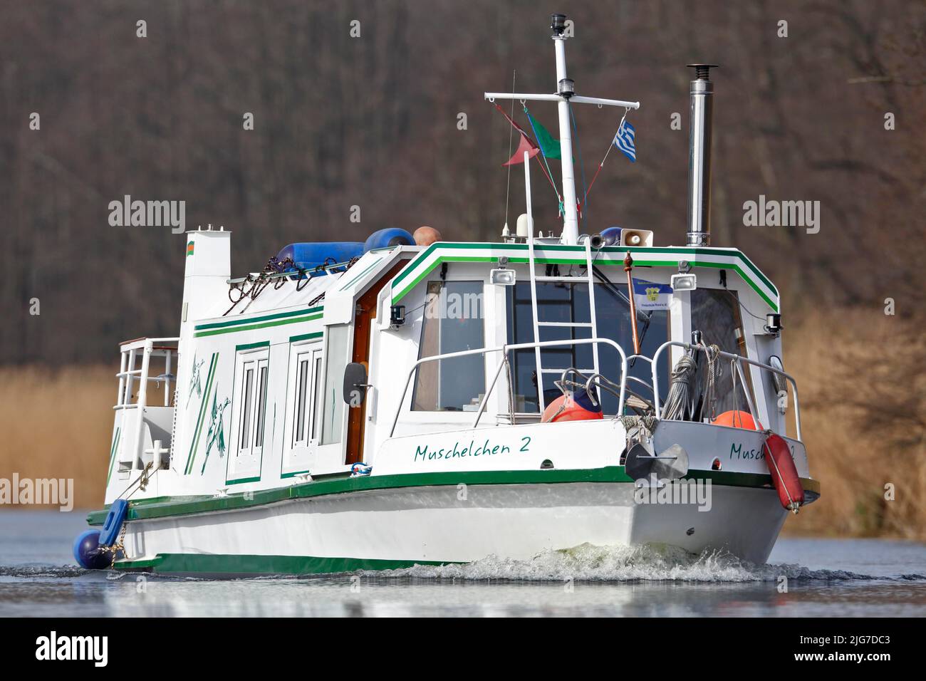 Charter boat on the Peene, residential boat, tourism on the water, Naturpark Flusslandschaft Peenetal, Mecklenburg-Vorpommern, Germany Stock Photo